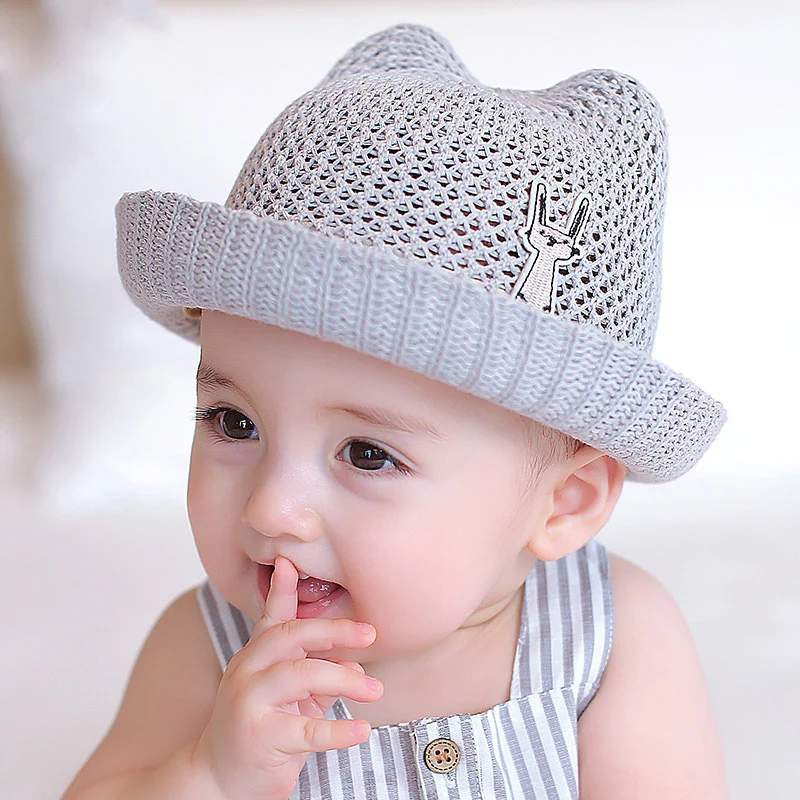 Cute Cartoon Kids Straw Hat With Ear Newborn Panama Caps Baby Summer Bucket Hat Fisheran Cap Child Beach Caps For Girls Boys