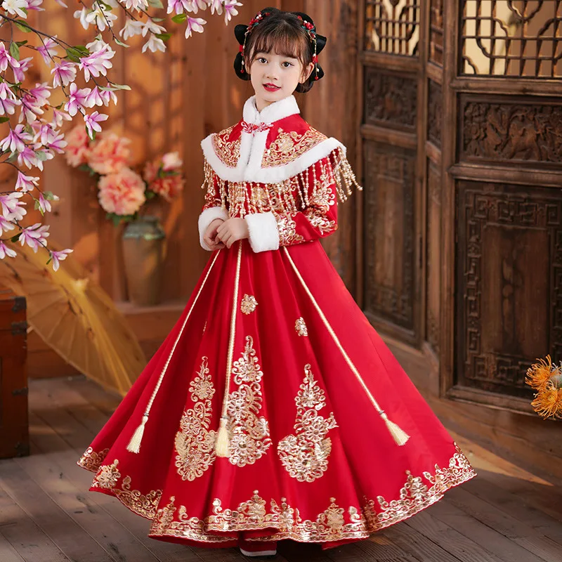 Girls Chinese Cheongsam Tutu Dress – Retro Peacock Embroidery, Size 3-10T Red - View #7