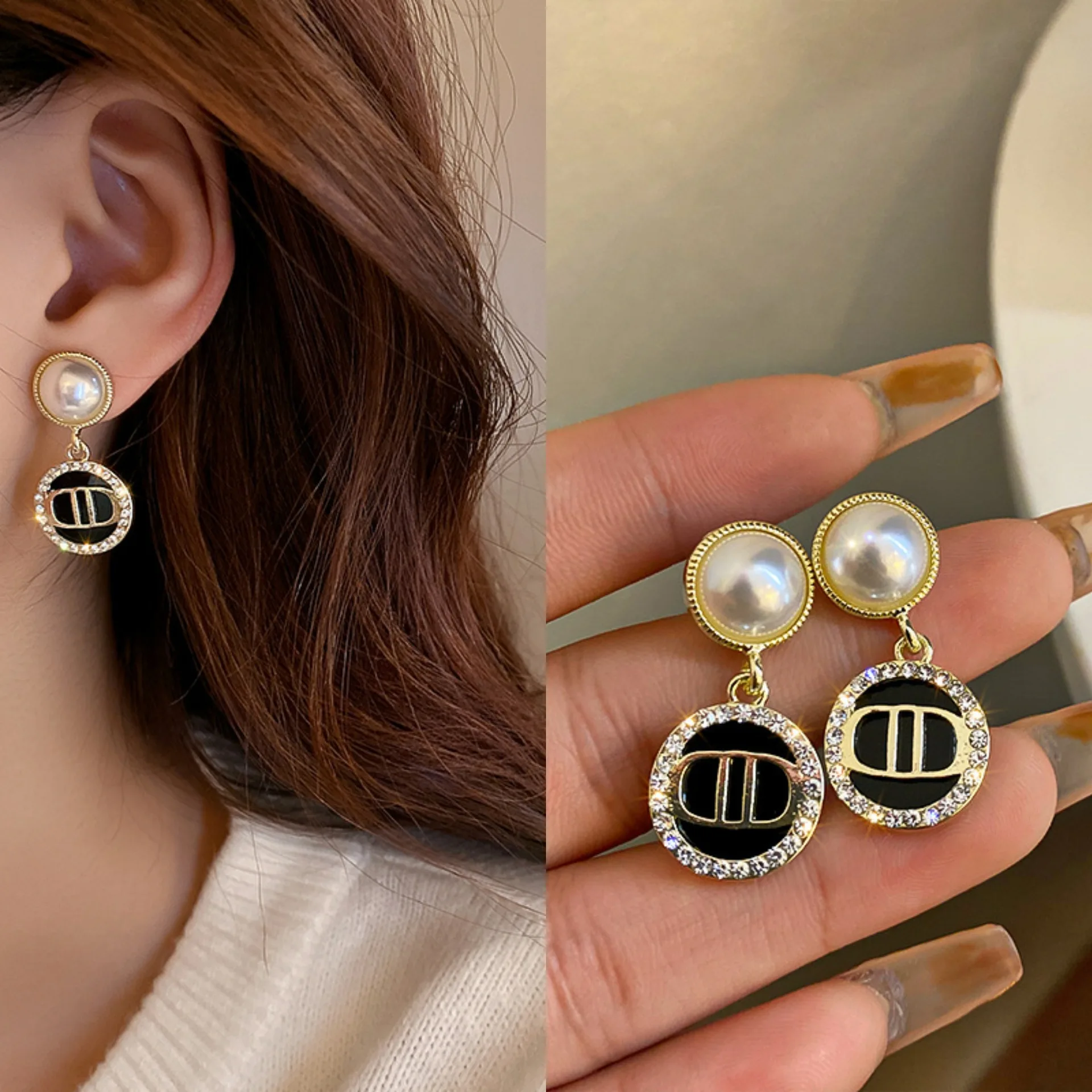 

New light luxury niche design pearl earrings letter rhinestone women's high end jewelry earrings