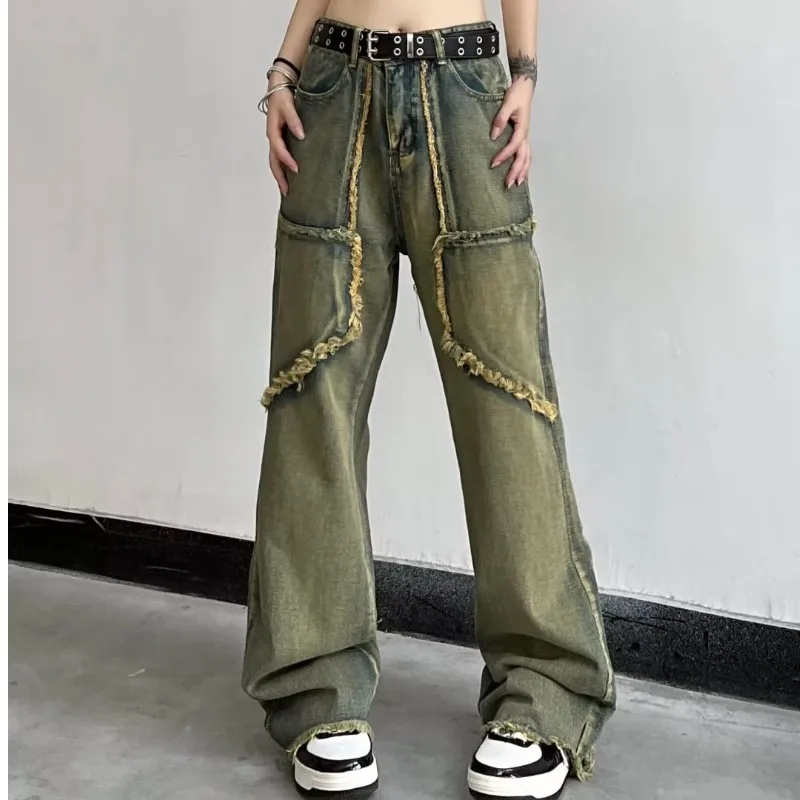 Pants New Women Autumn Vintage Wash Rough Edge Straight Tube Splicing Male Jeans High Street Wide Leg Trousers New