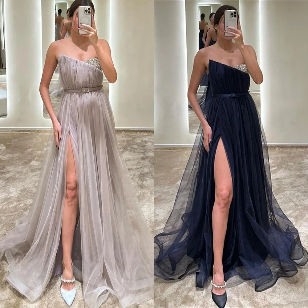 

Prom Dresses Classic V-Neck A-Line Beading Tulle Formal Occasion Gown Feather Women Vestido Verde Menta Lilac