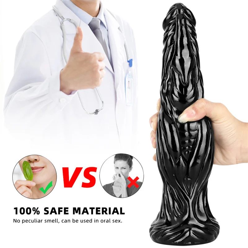 Dildo Texturizado Grande Plug 30CM Silicone Preto Com Ventosa