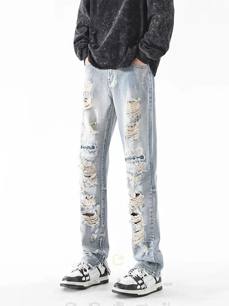 

Ripped Jeans Men Half Zip Loose Thin Summer Straight-leg Skinny High Street Casual Distressed Destroy Solid Hole Denim Pants