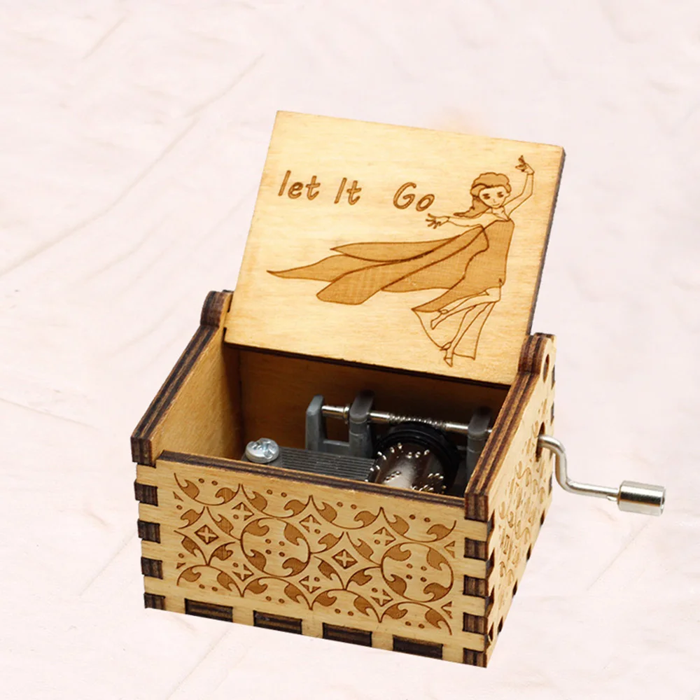 Let It Go Music Box Toy Wood Hand Crank Engraved Vintage