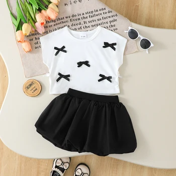 Summer Baby Girl Set Round Neck Small Bow Sleeveless+Black bud skirt Half Skirt 2Pcs/Set 0-3 Year Old Baby Girl Fashion Set 1