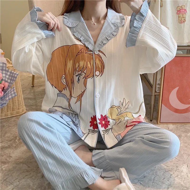 Anime Cardcaptor Sakura Cotton Pajama Set Women Long Sleeve Sleepwear  Nightgown Card Captor Sakura Cartoon Nightsuit Nightwear - Cosplay Costumes  - AliExpress