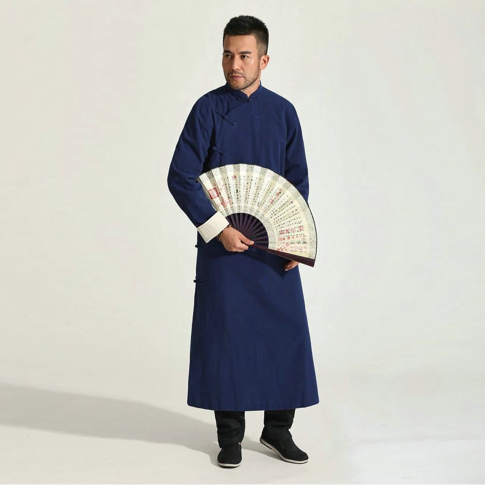 Chinese Men Long Tunic Outerwear Blue Cotton Traditional Clothes Mandarin Collar White Cuff Design Costume Oriental Garment 2024 бумага для акварели fabriano artistico traditional white 56х76 см 300 г торшон крупнозернистая