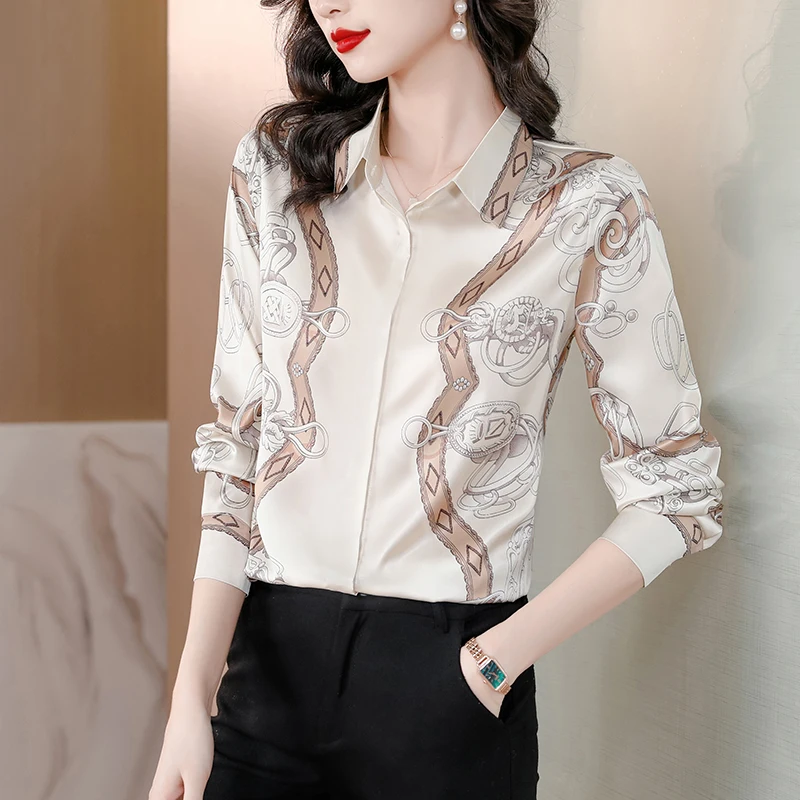 

Printed Silk Casual Blouses Satin Women's Shirts New Loose Spring/Summer 2023 Ladies Clothing Long Sleeves FLORAL FASHION Tops