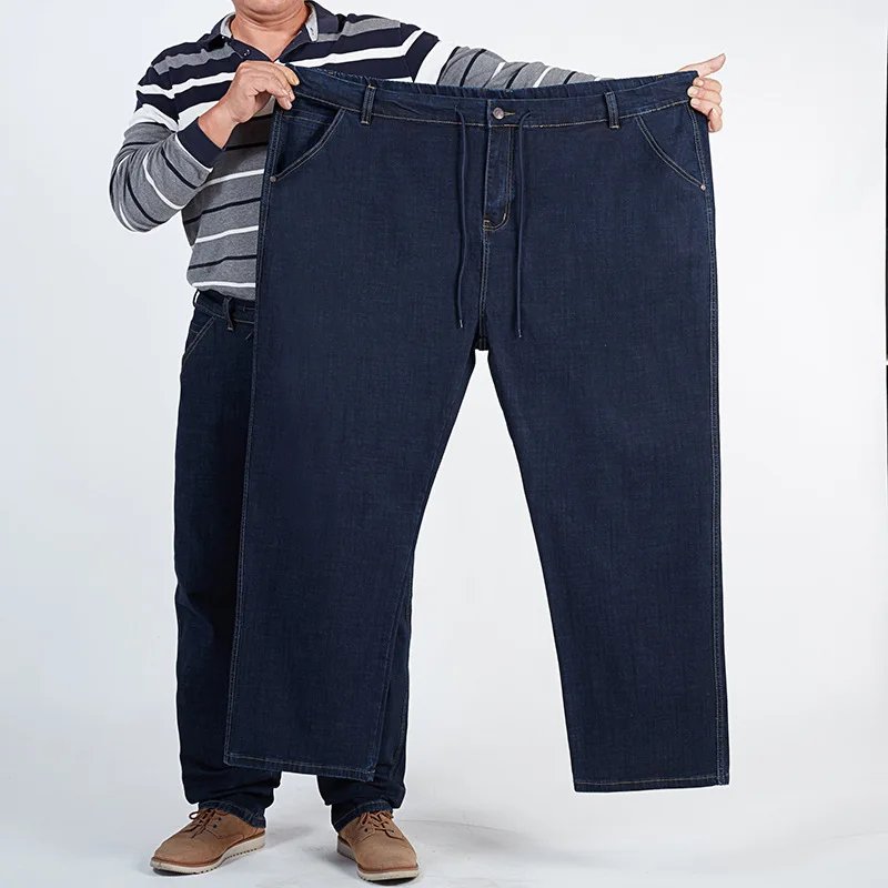 180KG Plus Size Jeans Men Big 56 54 52 Autumn Thick Straight High Waisted Dad Elastic Denim Trousers Blue Loose Stretched Pants 2