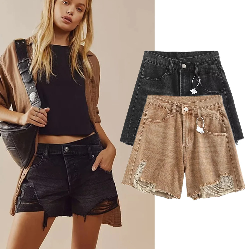 Withered American Retro Washed Hole Solid Color Denim Shorts High Street Summer Mom Shorts