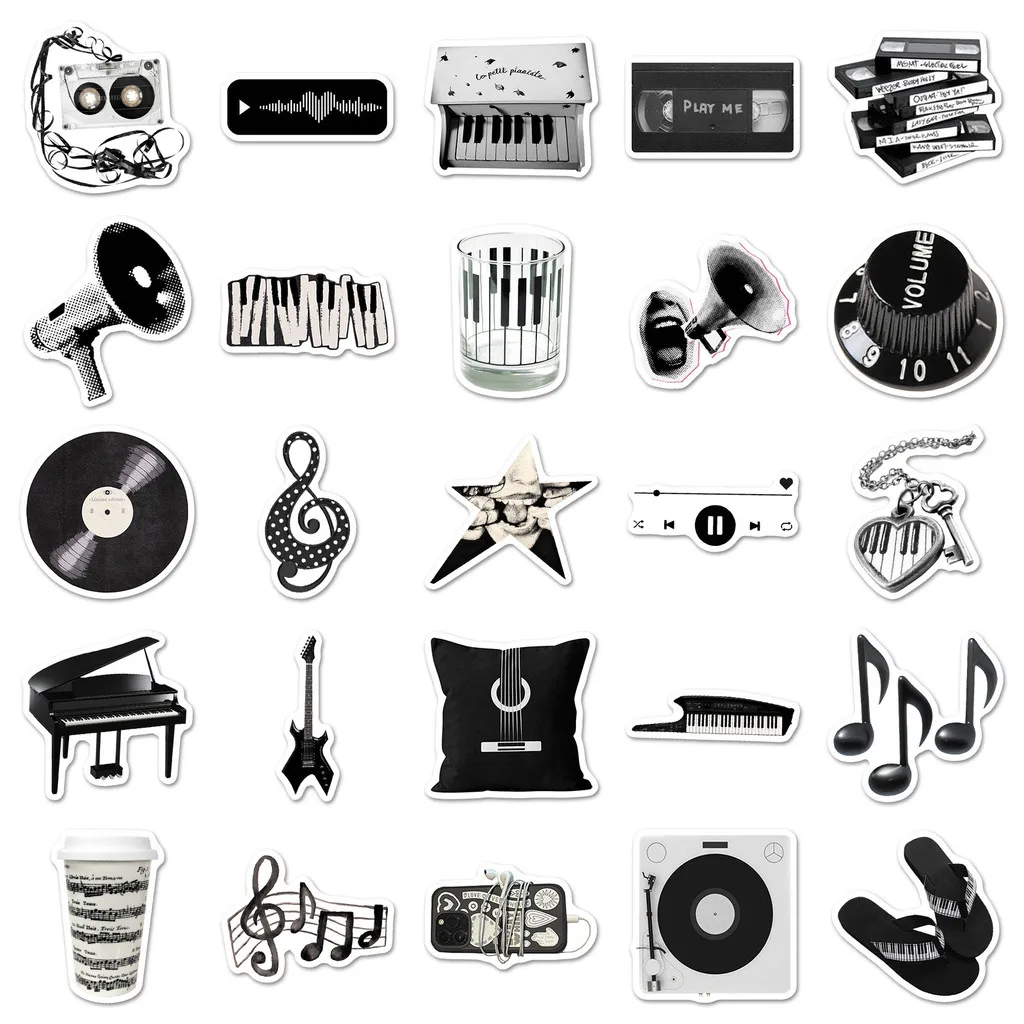 50개 블랙 & 화이트 음악 INS 스타일 스티커 방수 창의적인 데칼 휴대폰 케이스, 저널용 LanLanStickersWorld Store