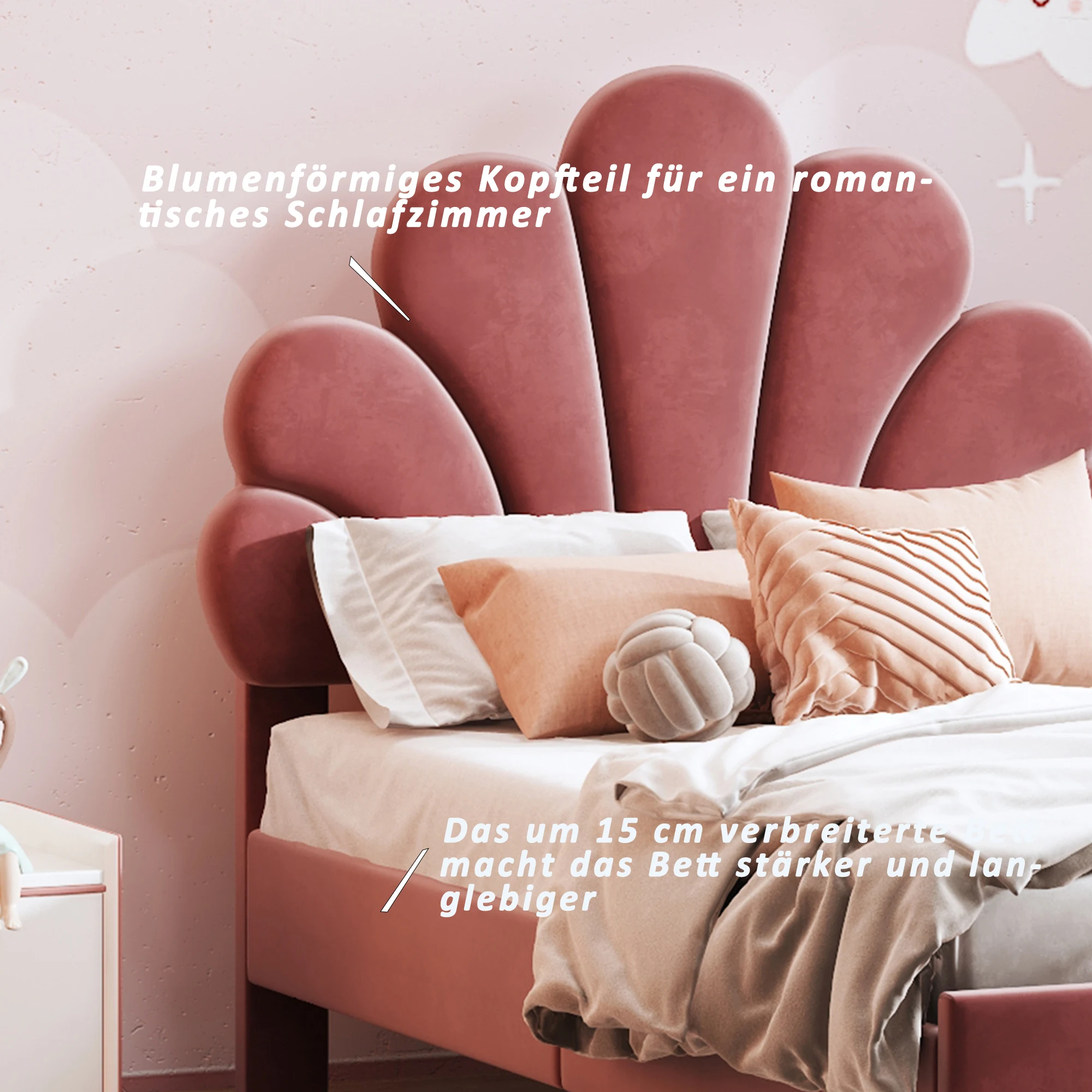KOMHTOM Gästebett aus hautfreundlichem Samtstoff mit blumenförmigem Kopfteil am Bettgestell und Lattenrost – Detail 7