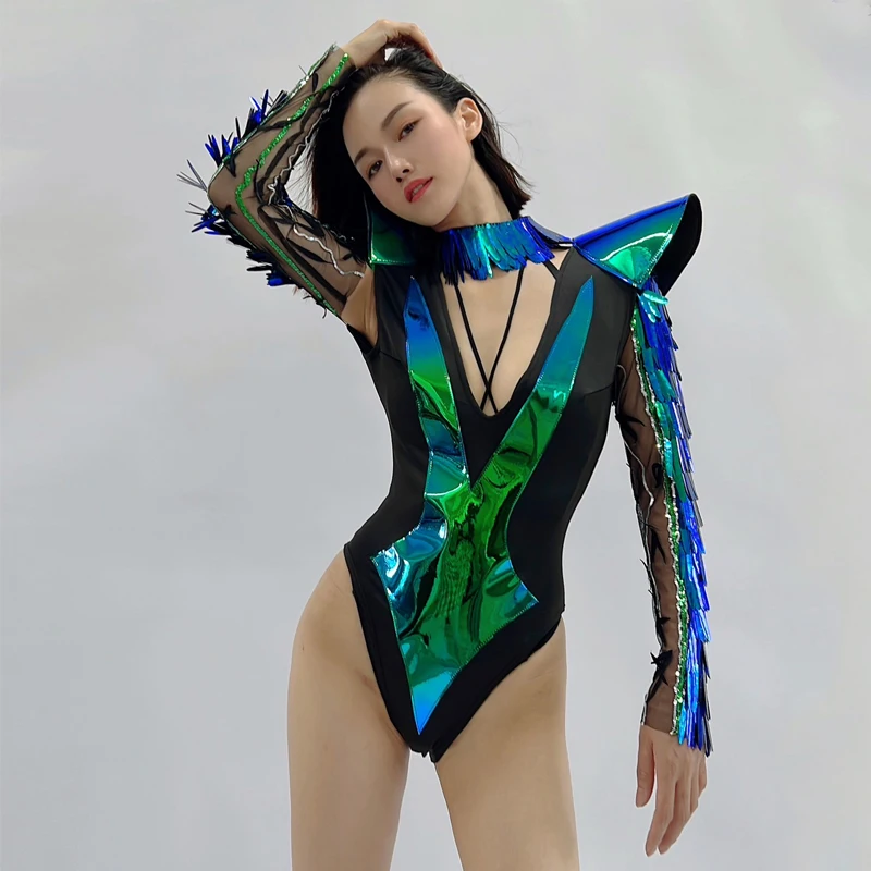 

Tech Style Women Gogo Dancer Costume Green Blue Laser Exaggerated Shoulder Bodysuit Nightclub Ds Dj Stage Rave Outfit XS6988