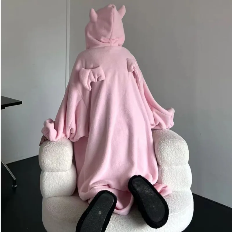 Cute Devil Wing Hooded Plush Pajamas Women Winter Thickened New In Home Sleepwear Long Robe Kawaii Oversize Pijamas Nightgown