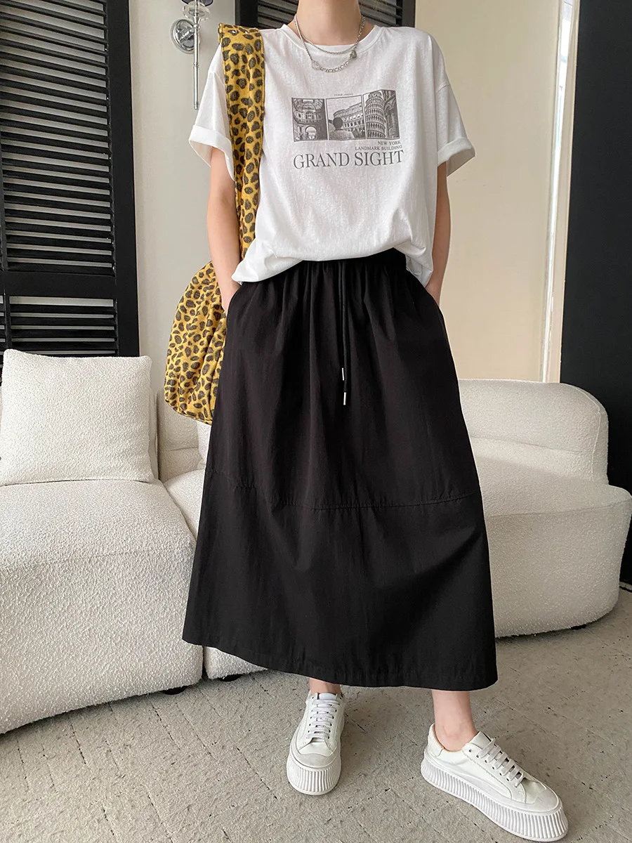 Frühlings- und Sommerrock für Damen, lässig, einfarbig, mit Kordelzug, elastisch, hohe Taille, A-Linie, schlank machender Rock – Detail 9