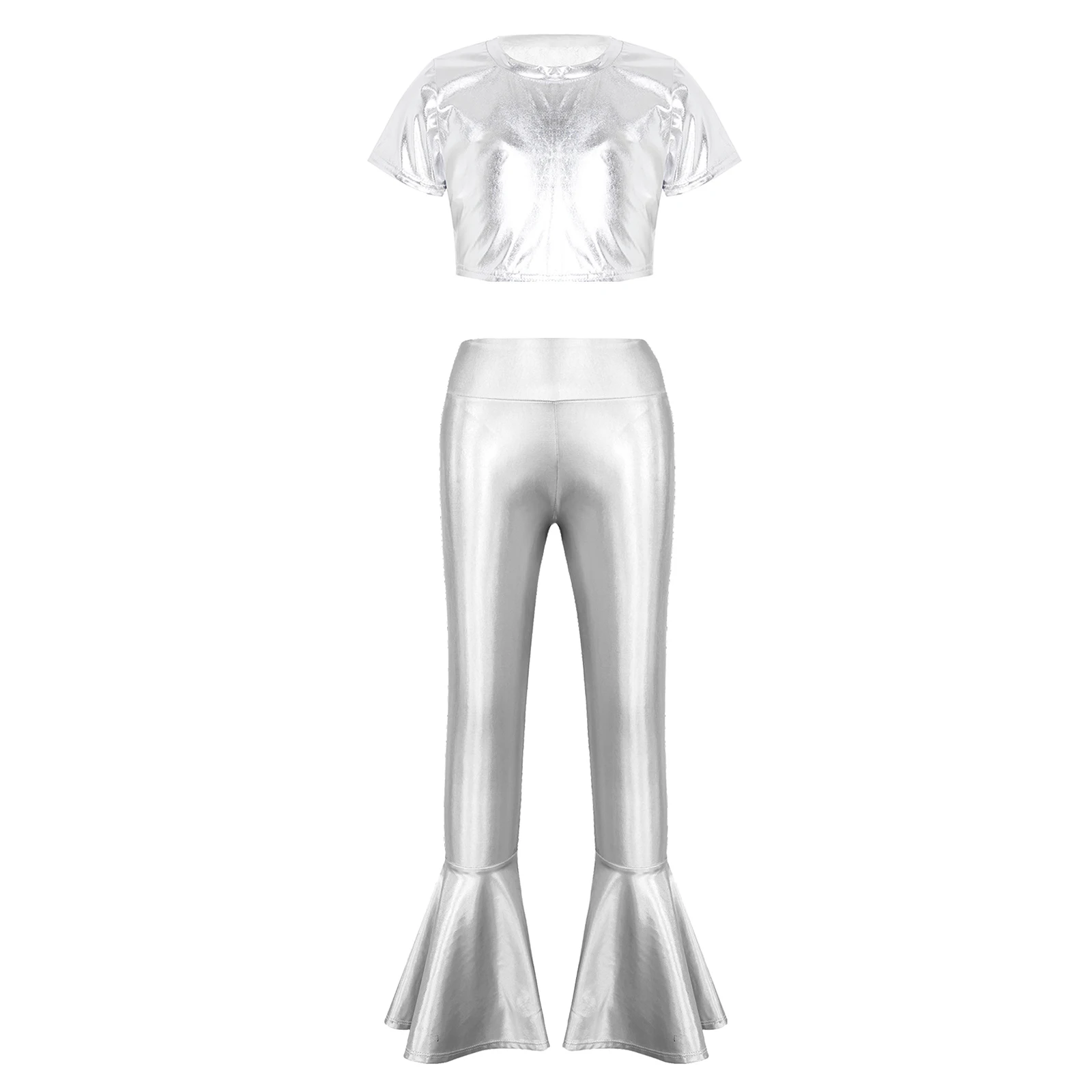 Toddler Kids Girls Shiny Metallic Dance Outfit Costumes Short Sleeve Crop Top with High Waist Bell-bottoms for Dance Performance