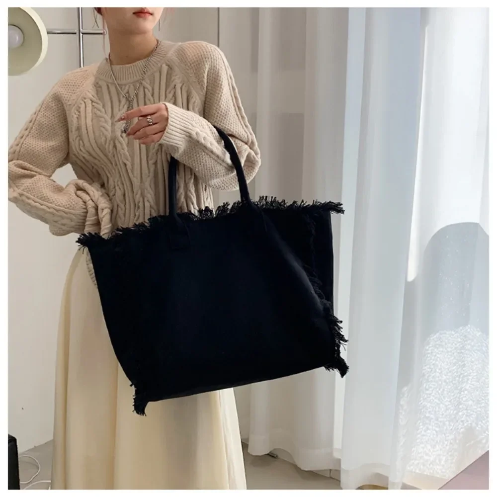 Vegan Canvas Tote Bags Women Fashion Versatile Tassels Shoulder Bag Female Casual Simple Large Capacity Handbag Girls School Bag