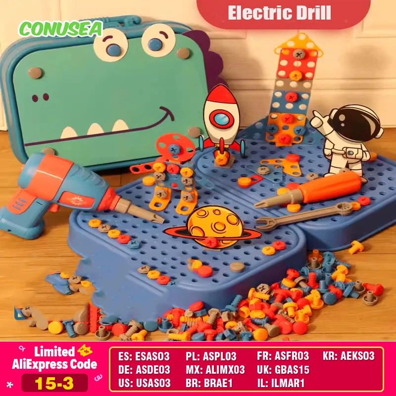 Jouets pour enfants, ensemble d'outils, perceuse électrique, écrou à vis, Puzzle 3D, jeu de simulation, assemblage de perçage de dinosaures, jouets éducatifs pour garçons