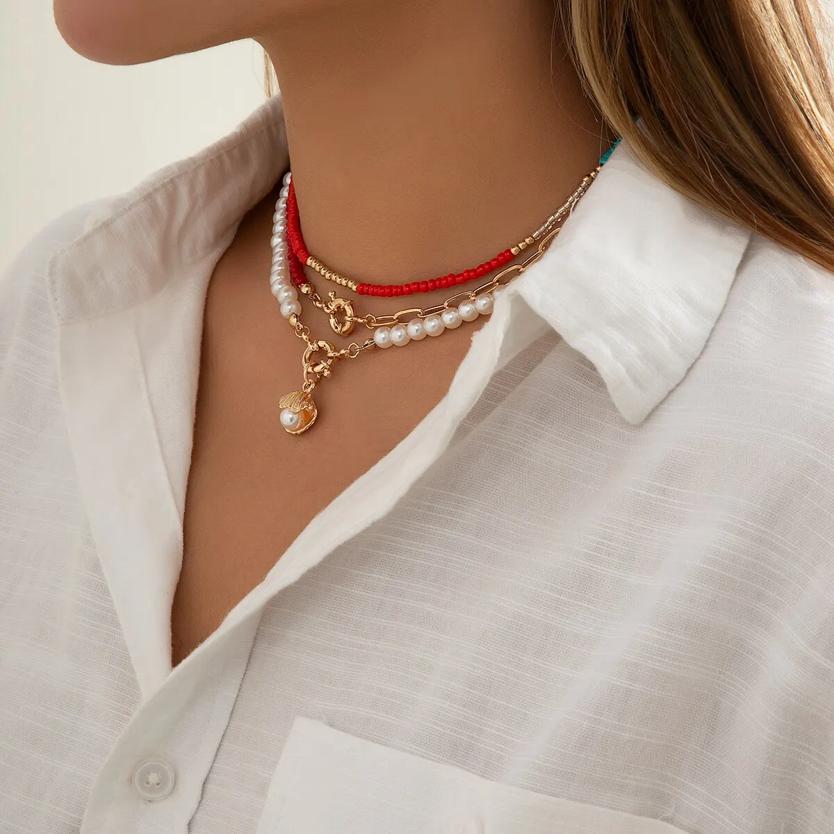 S7968756114ad49cdb6aac105a5fc4478V Boho Imitation-Pearl Colorful Seed Bead Chain Necklace for Women Summer Scallop OT Buckle Pendant Choker Jewelry Y2K Accessories Mallzona