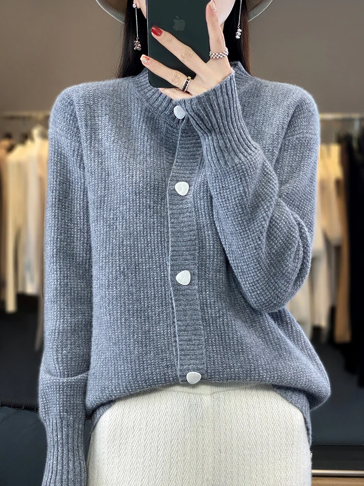 

Addonee New Chic Autumn Winter Women's Cardigan O-Neck High Quality Soft 100% Merino Wool Sweater Cashmere Knitwear Korean Style
