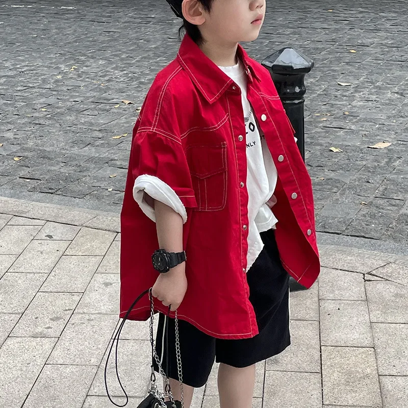 Loose Short Sleeve Children's Shirt for Boys Red Half Sleeve Spring New Year's Outfit Japanese Style Kids' Loose Shirt