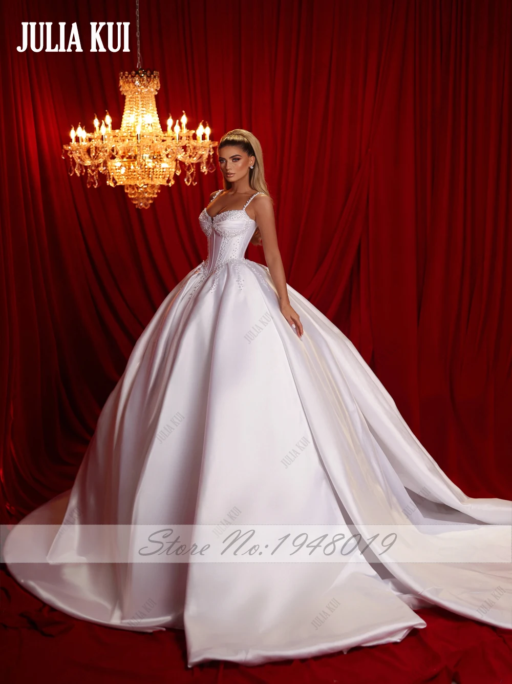 Julia Kui Vintage Beading Pearls Satin Sweetheart Ball Gown Wedding Dress With Spaghetti Straps And Backless Bridal Gowns 3