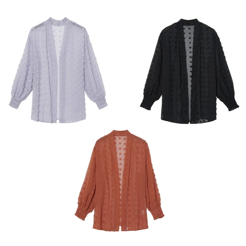 

Women Swiss-Dot Sheer Open Front Lightweight Cardigan Top Puff Long Sleeve Solid Color Casual Loose Outwear Dropship