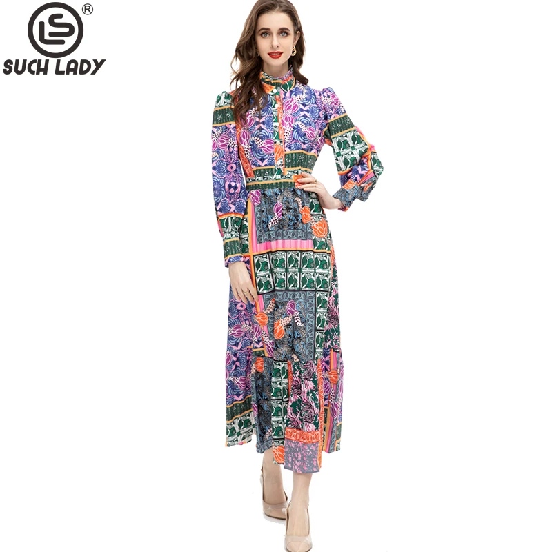 

Women's Runway Dresses Ruffled Collar Long Sleeves Printed Elegant Fashion Mid Vestidos