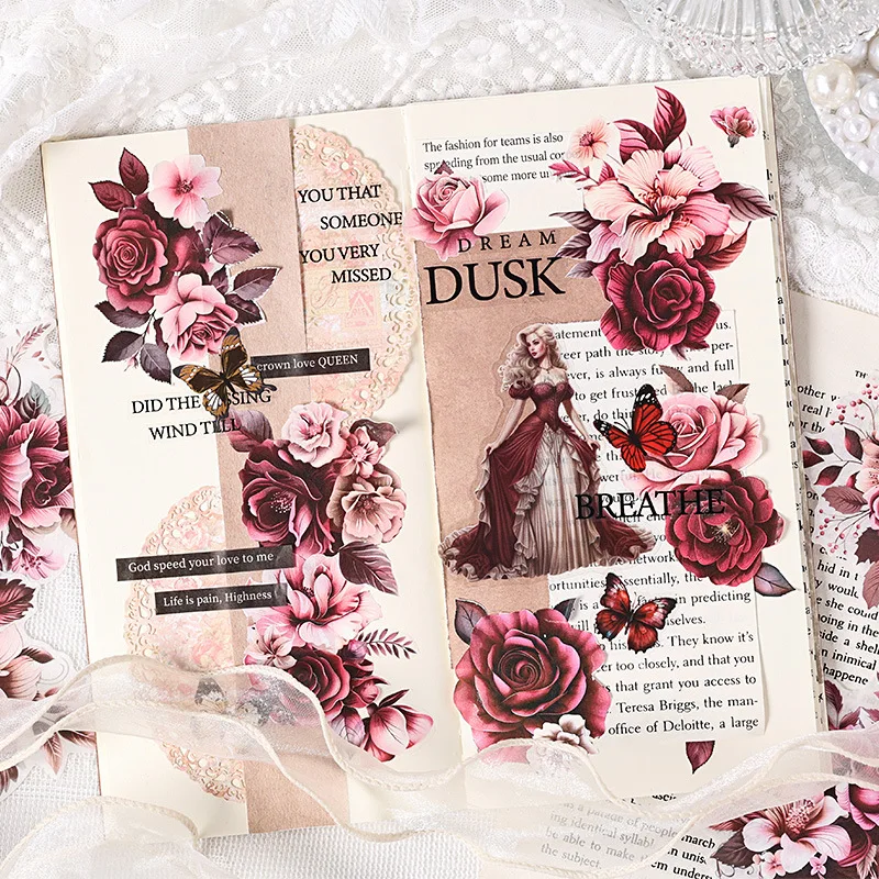 Flower Washi Stickers 15pcs/Sheet Vintage Botanical Scrapbook Decor Waterproof PET Journaling Supplies for DIY