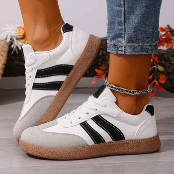 Women's Fashion Wine Red Flat Sneakers 2026 Spring White Striped Thick Sole Casual Shoes Woman Light Streetwear Vulcanize Shoes 1