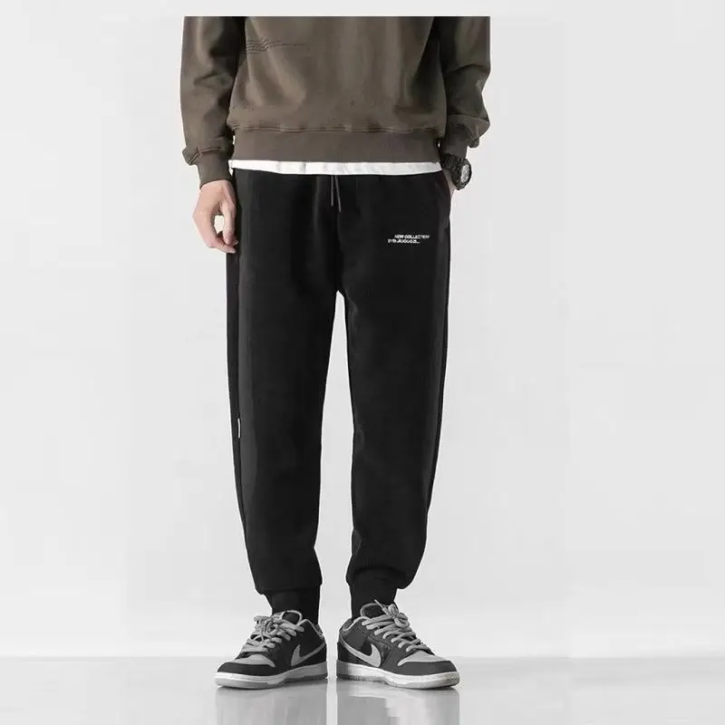 Spring New Corduroy Loose Casual Pants Men's Solid Patchwork Embroidery Letter Elastic Waist Drawstring Pocket Straight Trousers