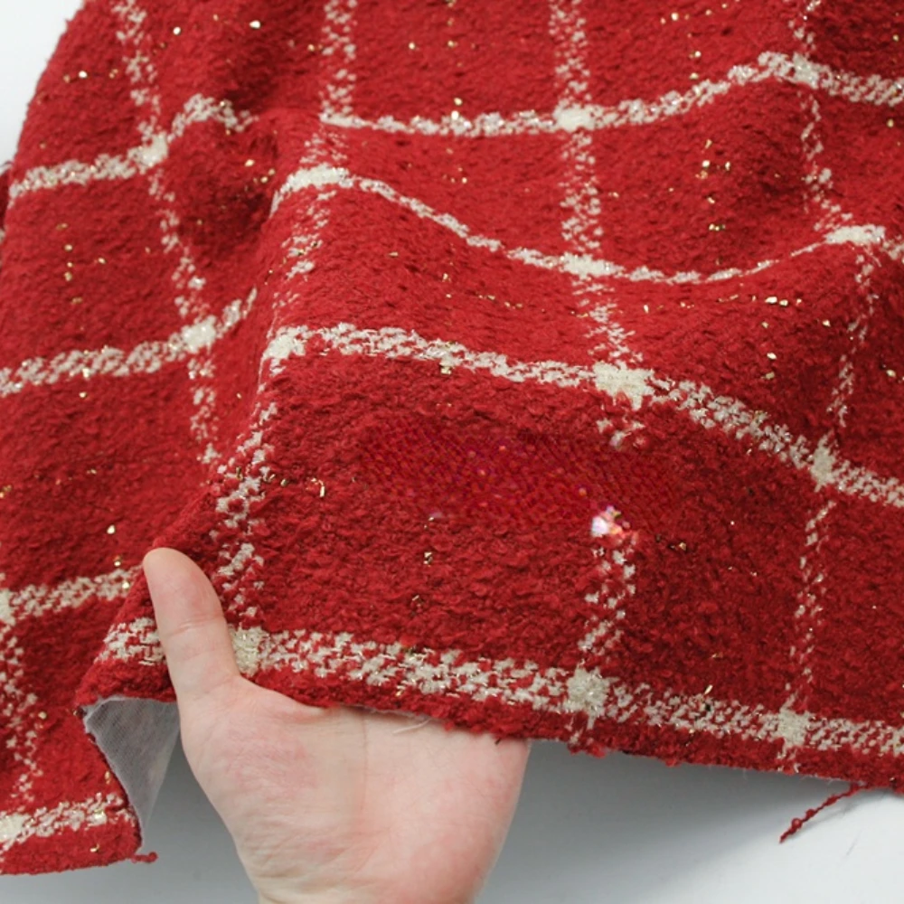 

Vintage Wine Red Yarn-Dyed Gold Silk Plaid Composite Coarse Woven Fabric Suit Fabric