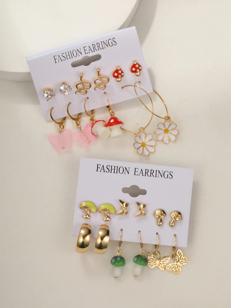 Fashion Gold Color Earrings Set for Women Creative Mushroom Butterfly Hoop Earrings 2024 Boho Geometric Earrings Punk Jewelry