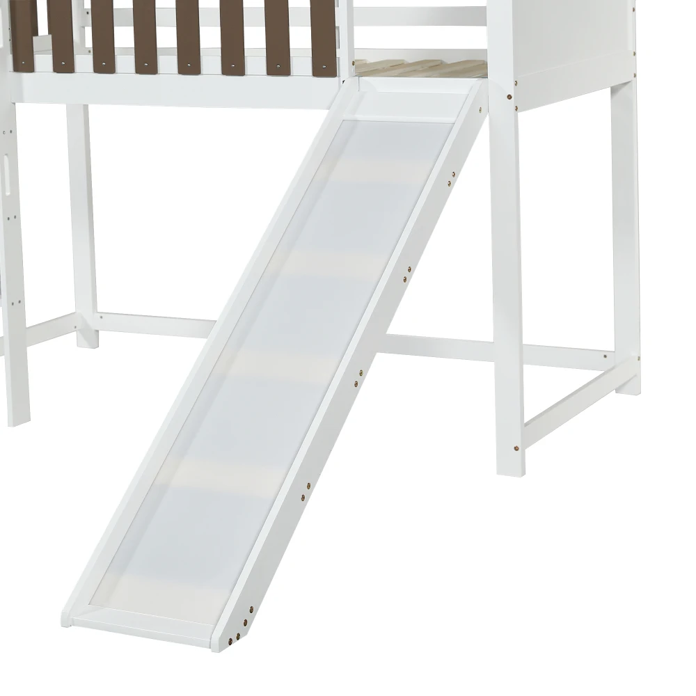 90x200cm Hochbett, mit Dach und Fenster, mit dreistufiger gerader Leiter, Jugendbett, Kinderbett mit Rutsche, Weiß+Walnuss – Detail 25