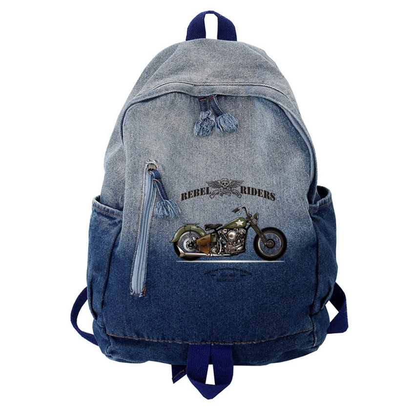 

Y2K Women's Men Backpack Classic Motorcyle Legend Pattern Printed Denim Large Capacity Student Schoolbag Fashion Casual Backpack