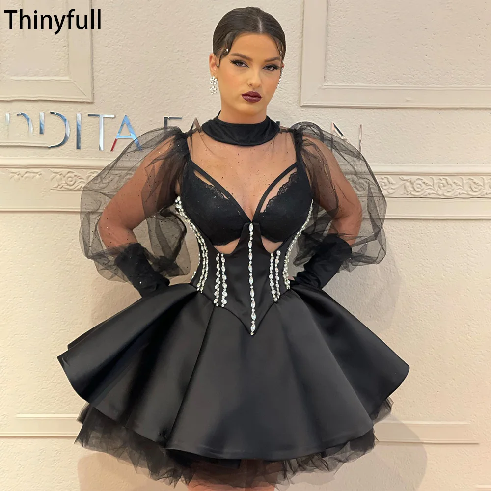 

Thinyfull A Line Cocktail Dresses Tulle Long Sleeves Stain Ball Gowns Celebrate Evening Party Dresses Club Night Wear Outfits