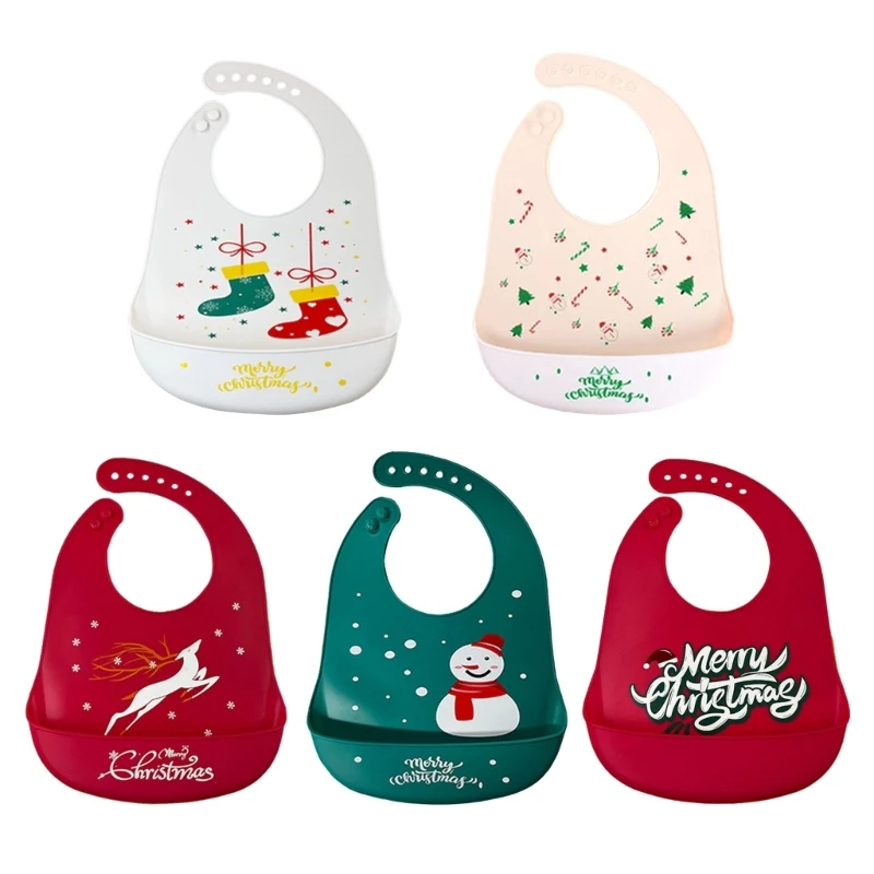 

Waterproof Silicone Baby Bib Christmas Cartoon Girls Boys Feeding Bibs Adjustable Newborn Toddler Aprons Burp Cloth