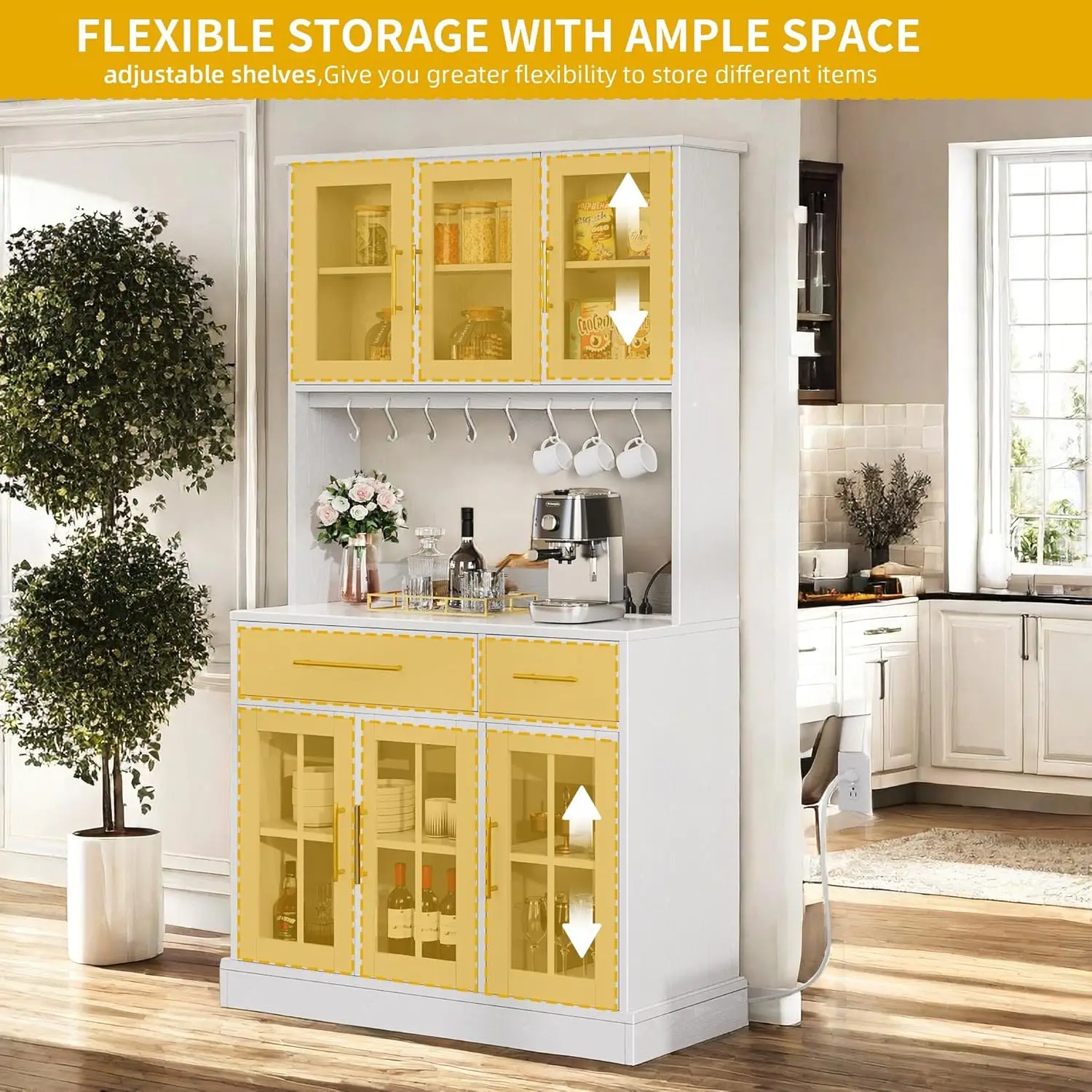 Kitchen Pantry Storage Cabinet with Microwave Stand, 71'' Tall Kitchen Hutch Cabinet with Power Outlet, Modern Food