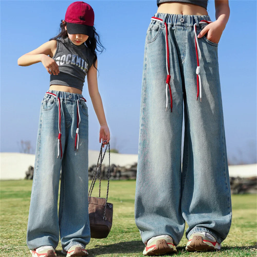 635 Back Pocket Embroidery Spring Girls' Wide Leg Pants Fashion Girls' Jeans Children's Jeans Kid's Casual Pants