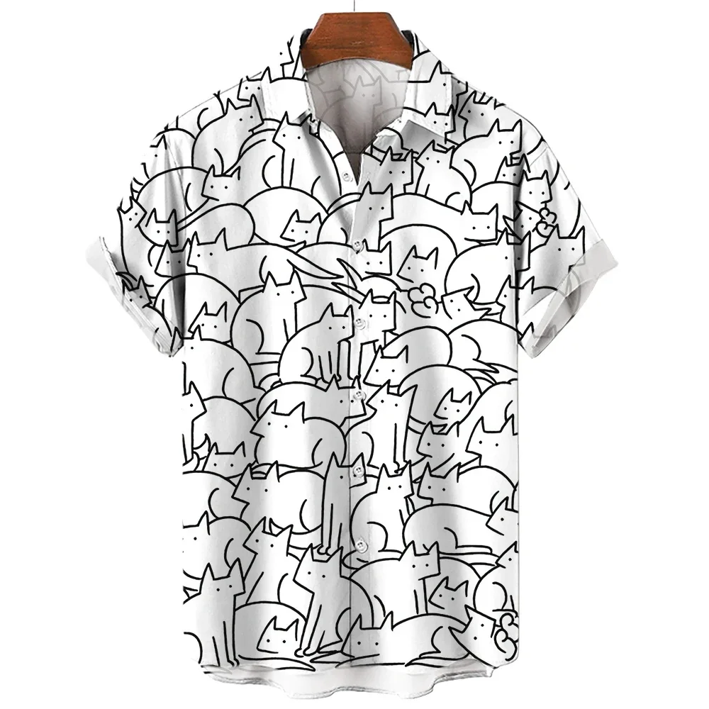 Men's Short Sleeve Shirt Fashion Cartoon Line Cat Pattern Print Top Women's Casual Button Shirt Top 2