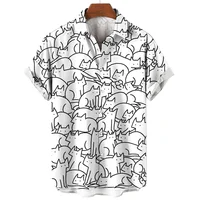Men's Short Sleeve Shirt Fashion Cartoon Line Cat Pattern Print Top Women's Casual Button Shirt Top 2