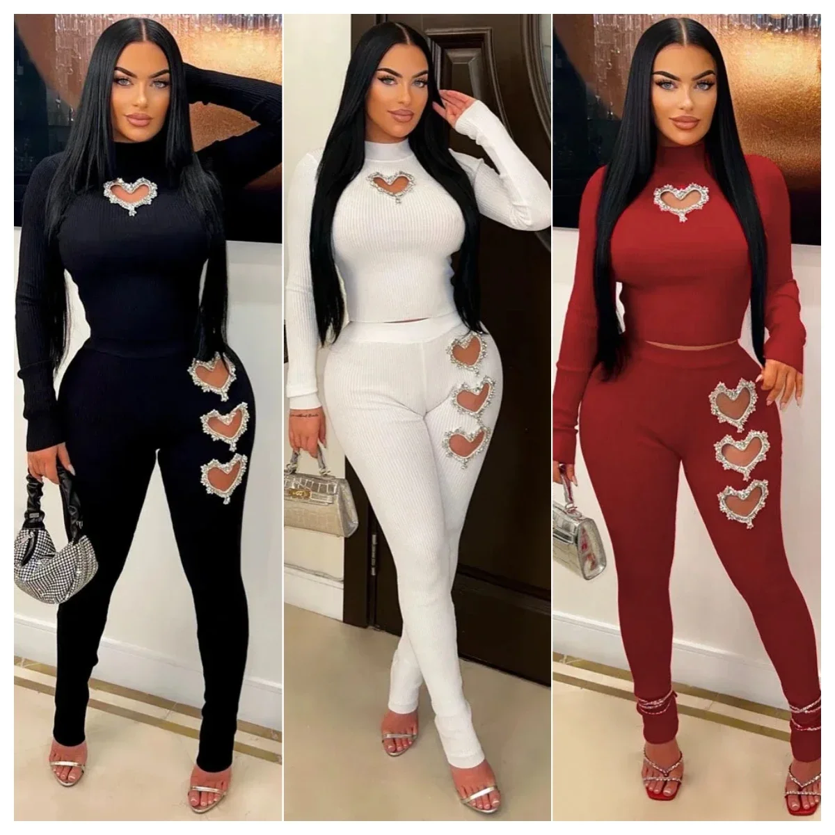 Elegant Sexy 2 Piece Sets 2023 Women Winter Fall Clothes Club Party Bodycon Crop Rhinestone Tops Two Piece Pant Sets Tracksuits women s sexy rhinestone fishnet nightclub 2 piece sets womens outfits see through bodysuit exotic outfits party mini skirt set