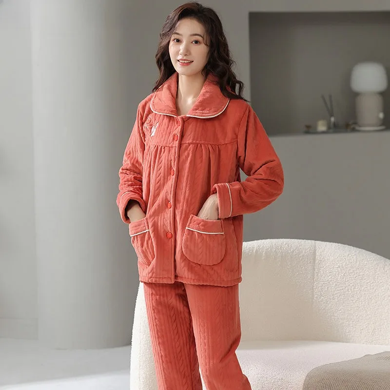 Flannel Pajamas Autumn Winter Women Cardigan Loose Velvet Thickened Homewear Female Warm Large Size Coral Fleece Sleepwear Sets