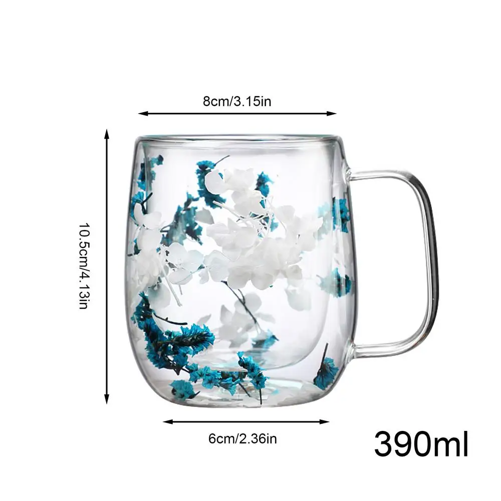 Tazza da caffè a doppia parete con fiori secchi | Tazze in vetro con fiori secchi da 350 ml | Tazza con fiori creativa unica con manico | Tazza antiscottatura con fiore