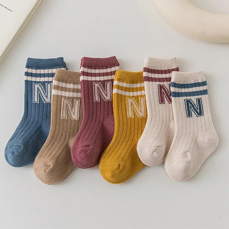 Baby Cotton Kids Knit Soft Fashion Letter Socks Middle Tube Stockings Long Socks for Infant Toddler Boys Girls Casual Home Socks