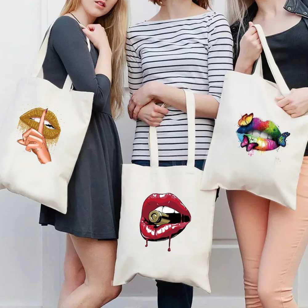 Shopping Bags Women Casual Tote Bag Canvas Shopper Butterfly Lips Print Shoulder Bag Portable Eco Handbags Reusable Grocery Bags navaho weave turkish ethnic kilim shopping tote bags reusable vintage persian antique tribal canvas grocery shopper shoulder bag