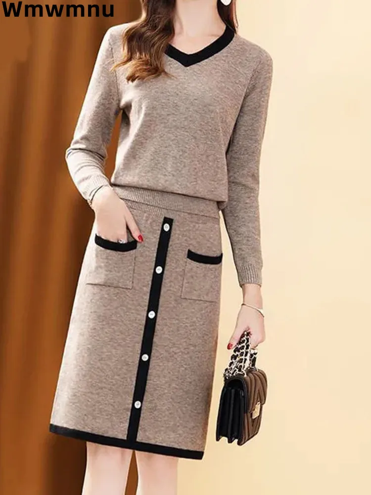 Elegant Ladies Plaid Vest 2 Piece Sets Korean Slim Chic Sleeveless Vest Conjuntos Casual Baggy Soft Knitwear Dresses New 2023