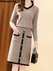 Elegant Ladies Plaid Vest 2 Piece Sets Korean Slim Chic Sleeveless Vest Conjuntos Casual Baggy Soft Knitwear Dresses New 2023