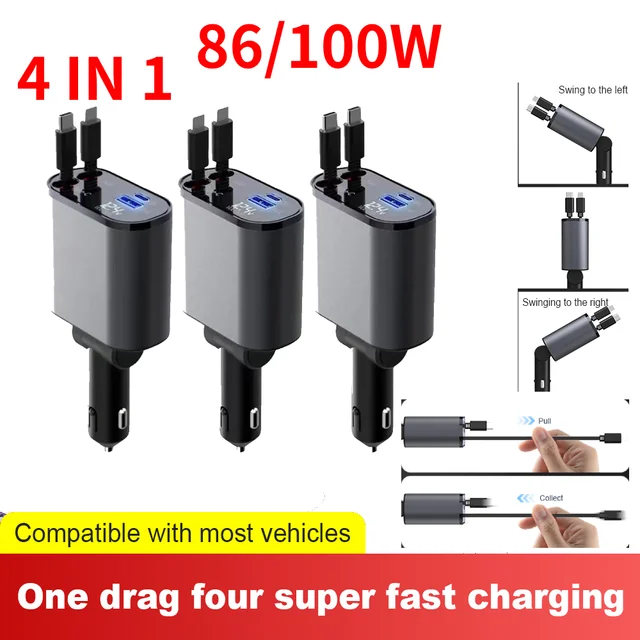 66w 4 in 1 flexibles einziehbares Auto-Schnell ladegerät für Apple USB Typ  C PD QC 3,0 Supers chn elles Ladegerät Kabel Zigaretten anzünder Adapter -  AliExpress