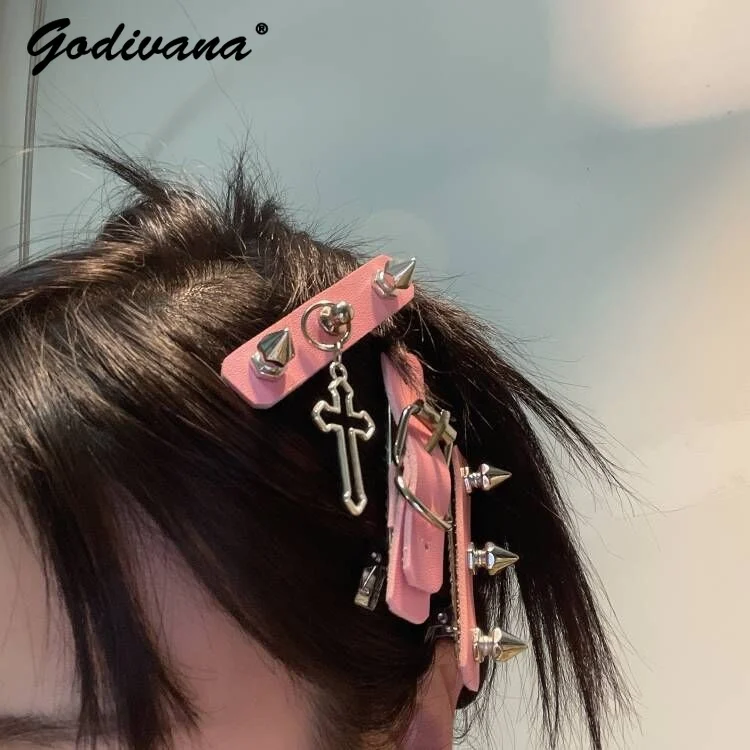 Hot Girl Design Leather Rivet Cross Pendant Side Clip Female Girls Handmade Imitation Leather Rivet Barrettes Pink Hair Clips west cowboy pray cross belts leather belt for men s and wonen 1 5 american flag